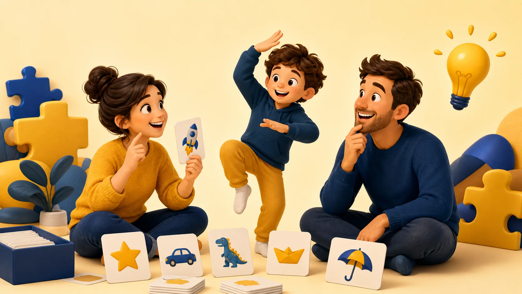 Famille jouant à un jeu de charades avec des cartes illustrées