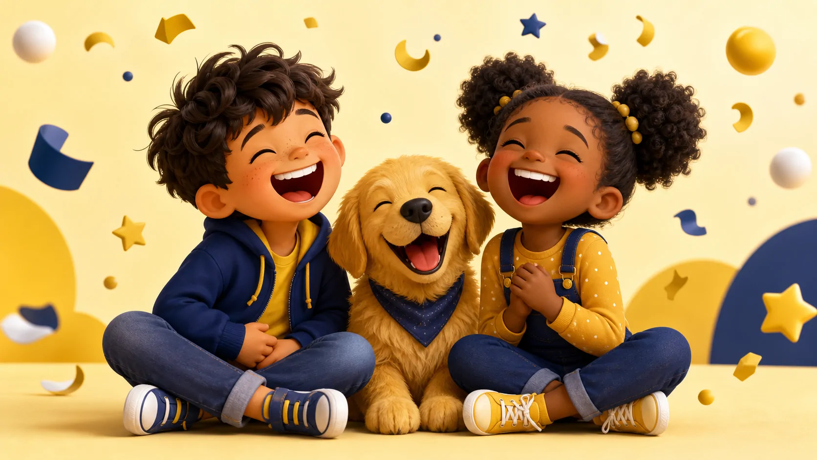 Enfants qui rient avec un chien