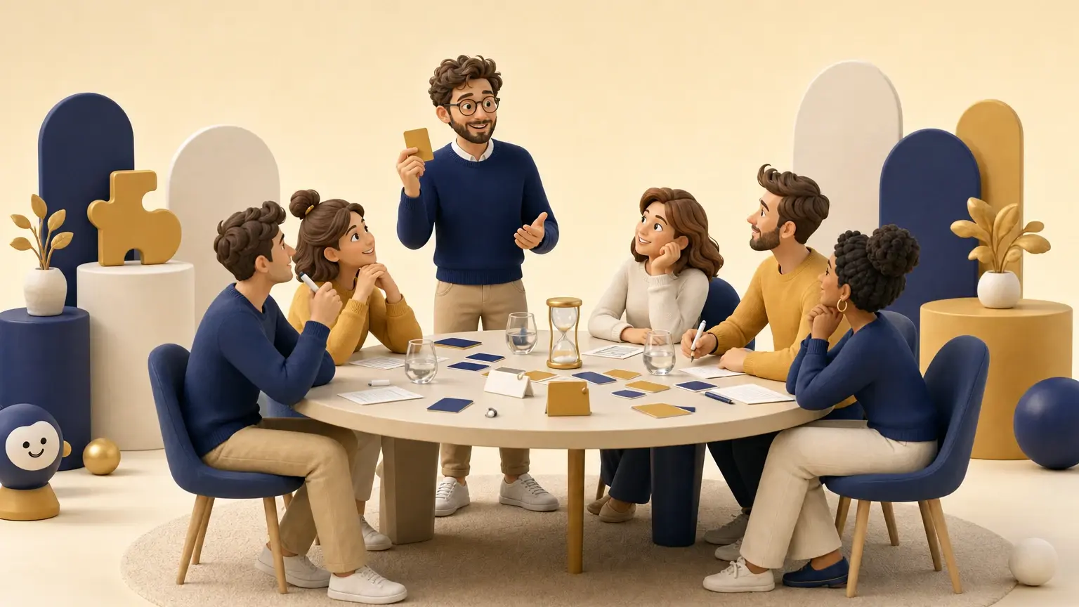 Des invités participent à un quiz humoristique en équipes autour d’une table